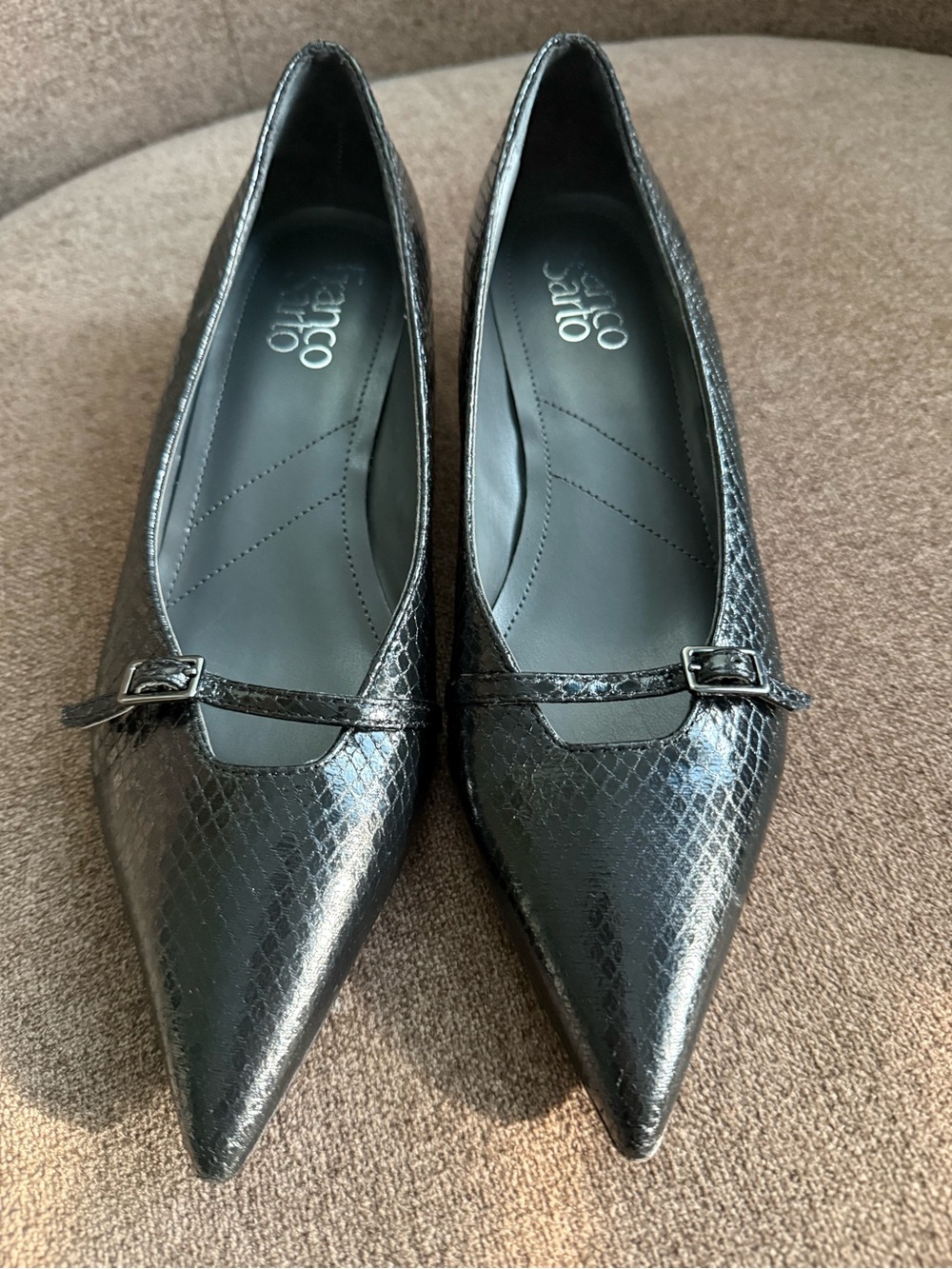 Franco Sarto Black Pointed-Toe Flats with Mini Buckle